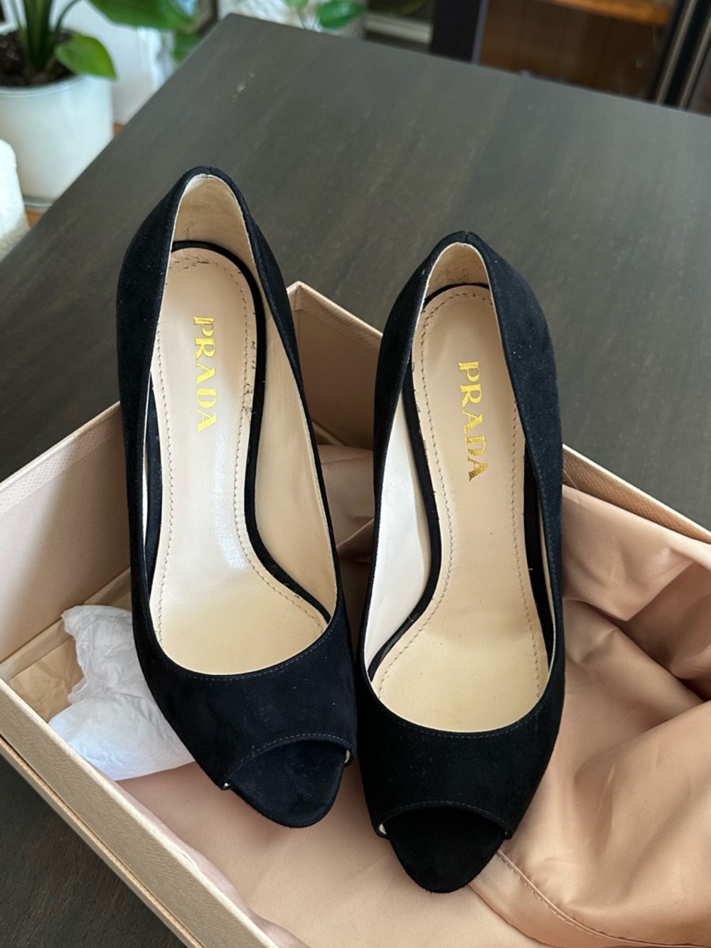 Prada Black Suede Peep-Toe Pumps. Size 36